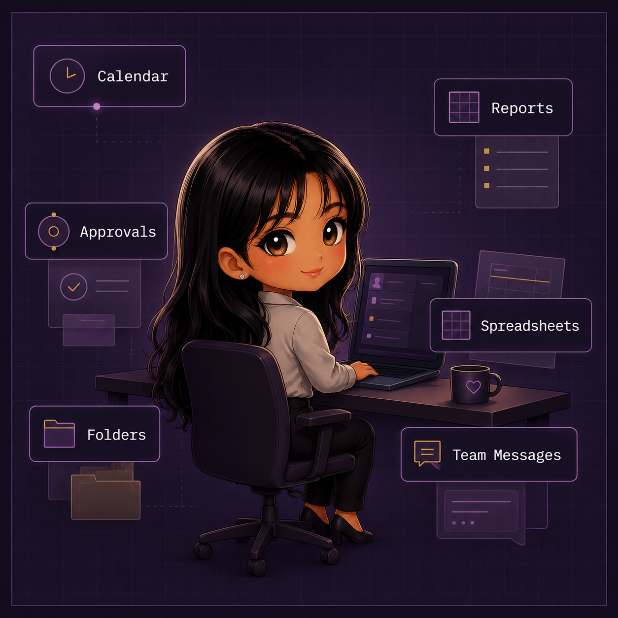 Pratiwi Ningrum working at a laptop on business operations and project coordination tasks.